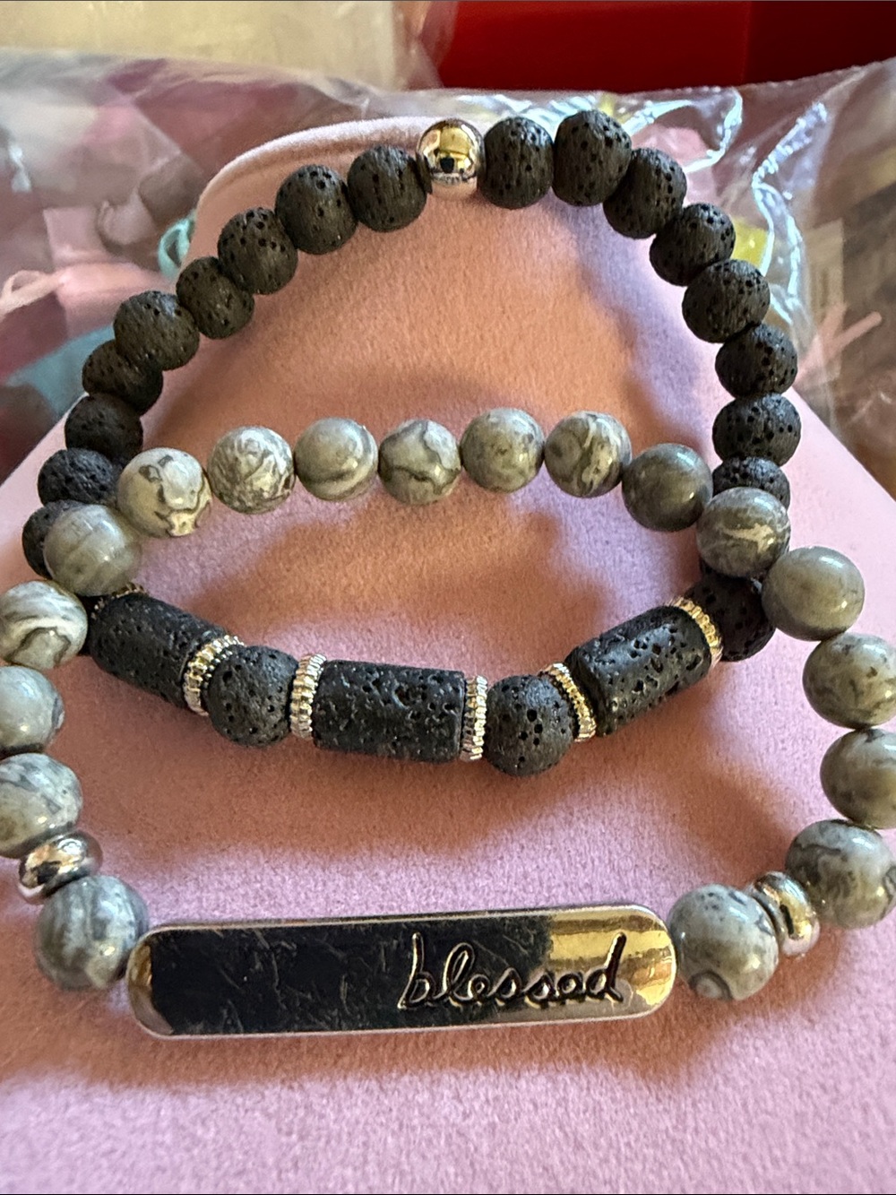 Lava Stone and Gray Jasper Color Bead Bracelets. (J0280)